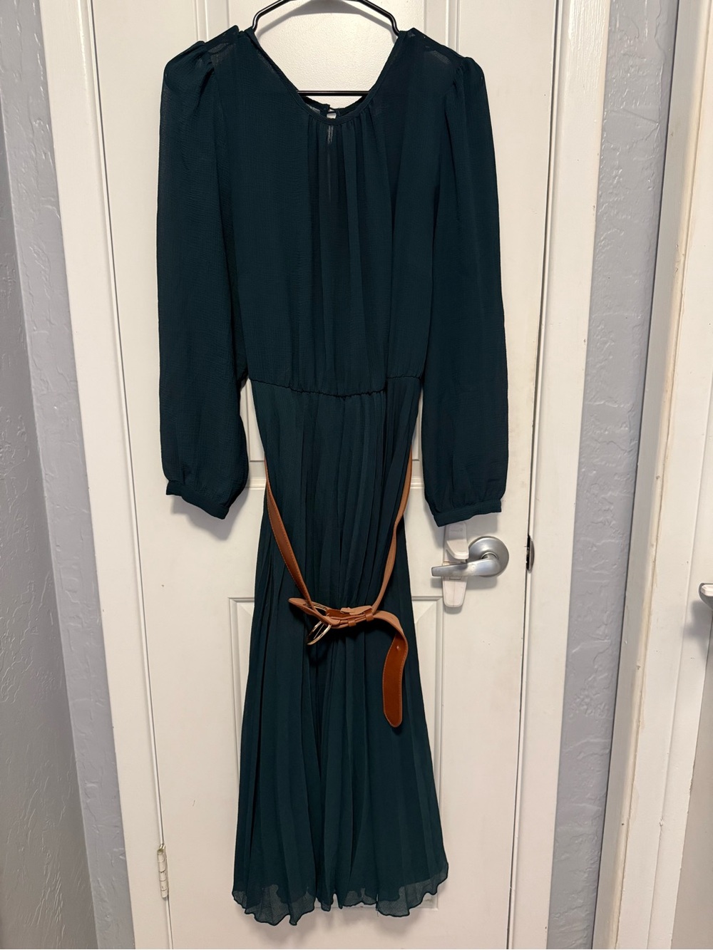 City Chic Teal Long Sleeve Pleated Midi Dress with Brown Belt